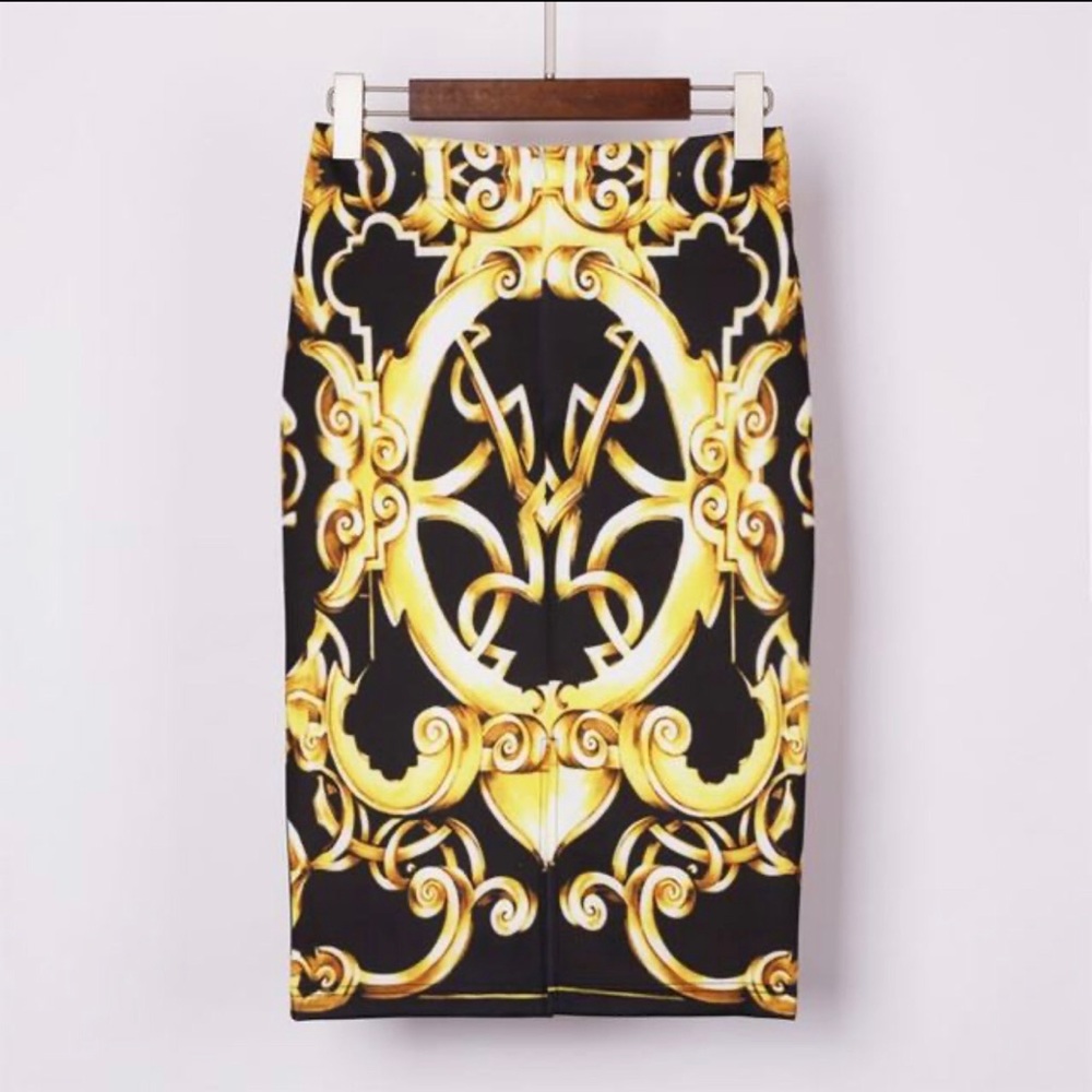 NWT Black & Gold Baroque Pencil Skirt